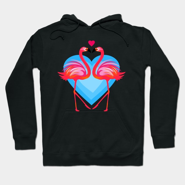 Inlove Flamingo Birds on Blue Heart Hoodie by RageRabbit